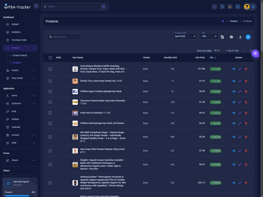 FBA Tracker product list, dark interface