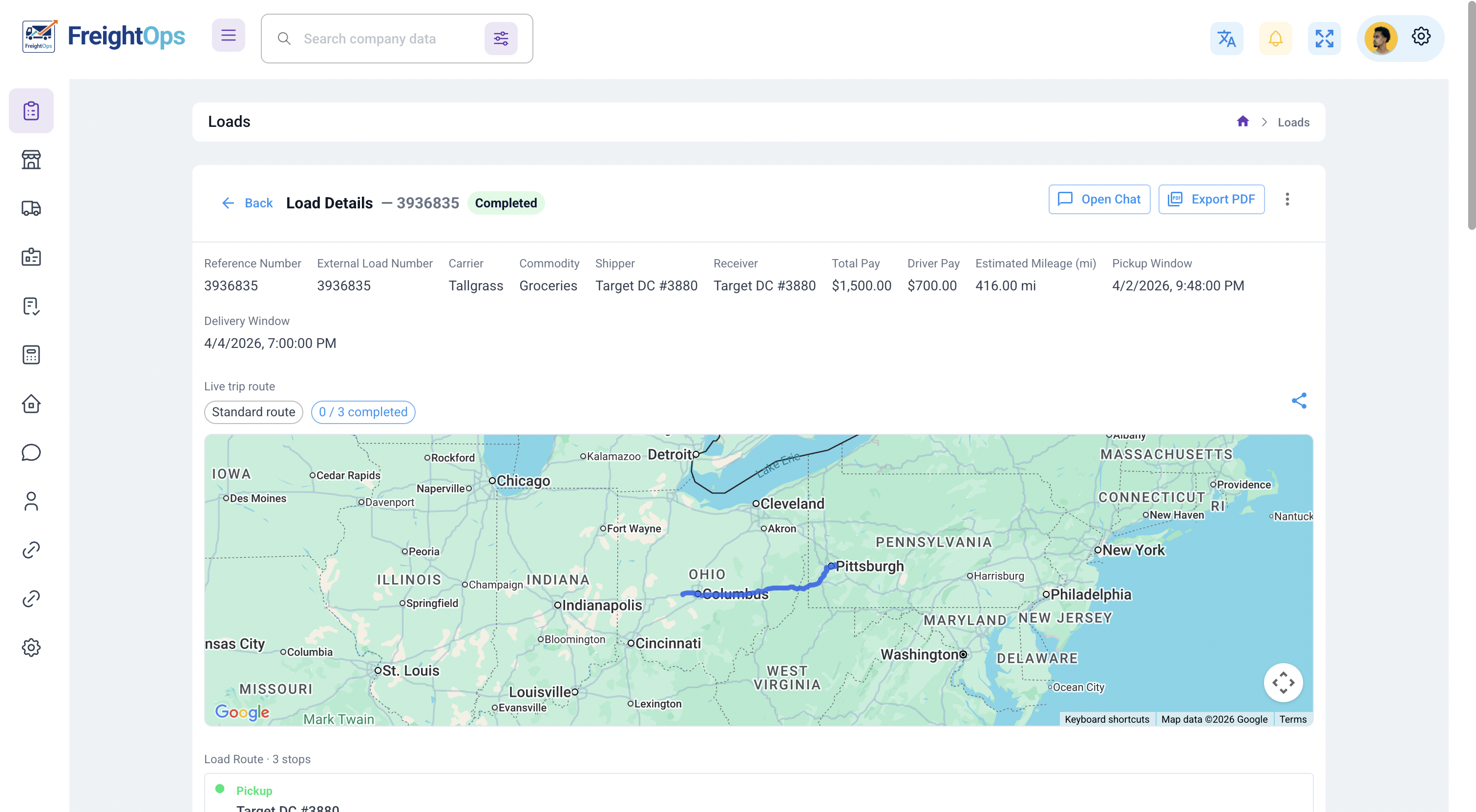 FreightOps load management dashboard